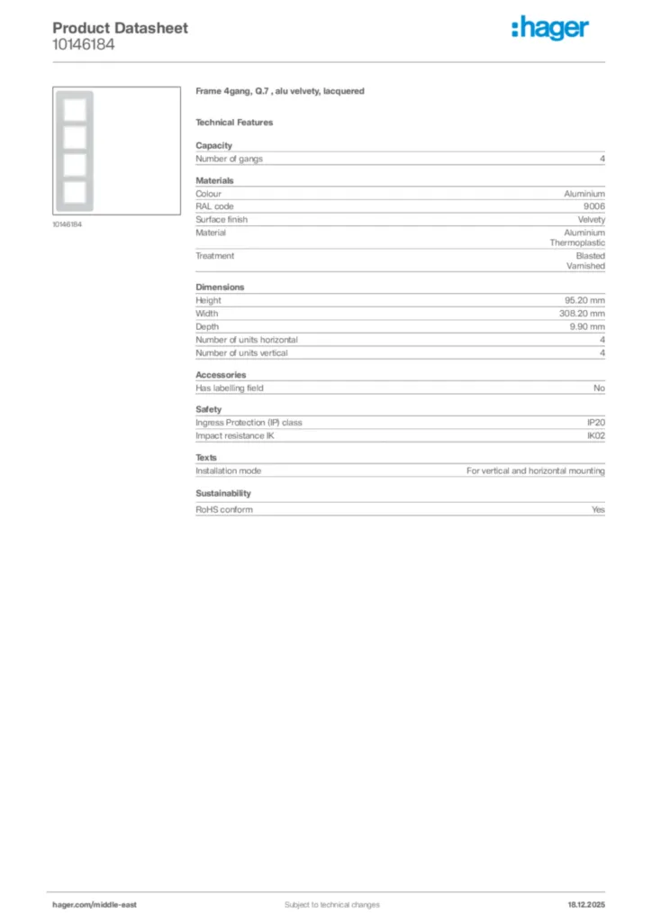 Image Hager Product data sheet 10146184  | Hager