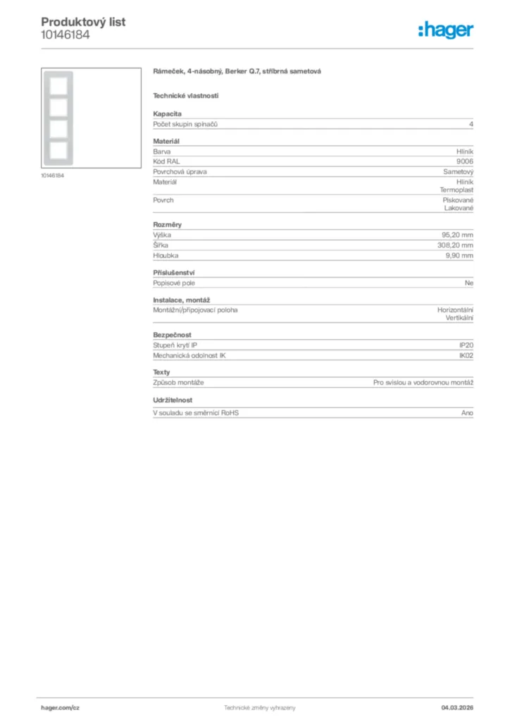 Obrázek Hager Product data sheet 10146184 | Hager