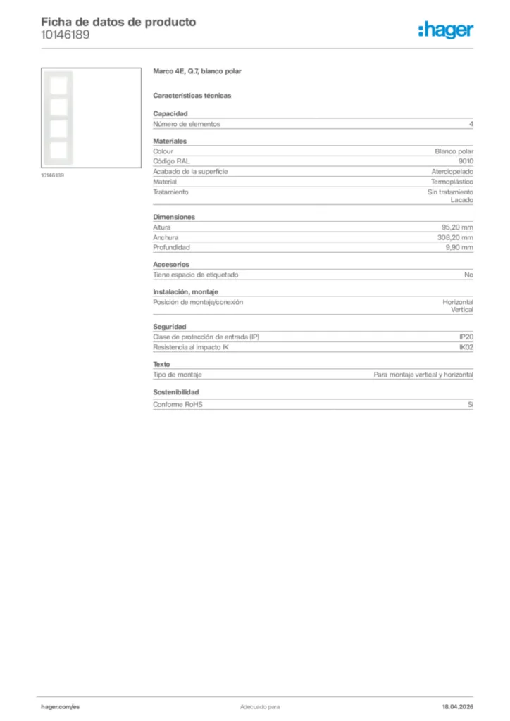 Imagen Hager Ficha de datos de producto 10146189 | Hager España