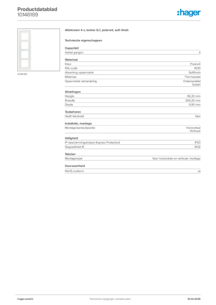 Afbeelding Hager Productdatablad 10146189 | Hager Nederland