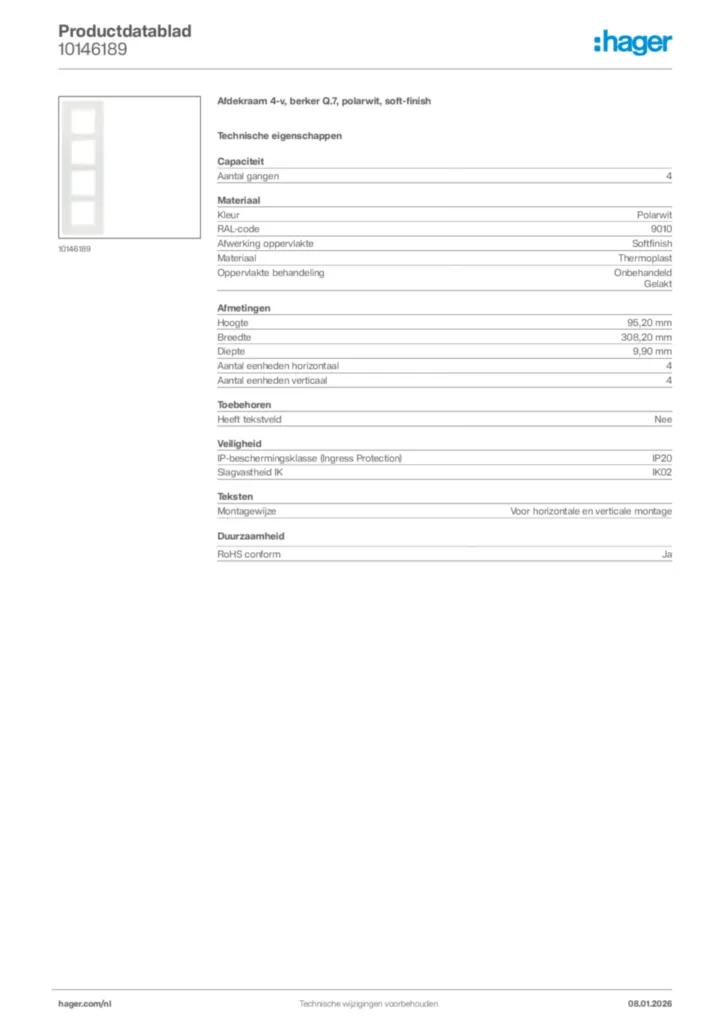 Afbeelding Hager Productdatablad 10146189 | Hager Nederland