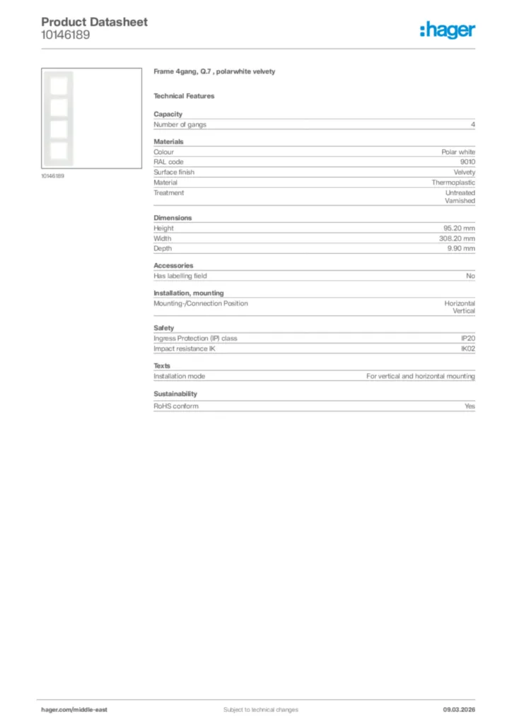 Image Hager Product data sheet 10146189  | Hager