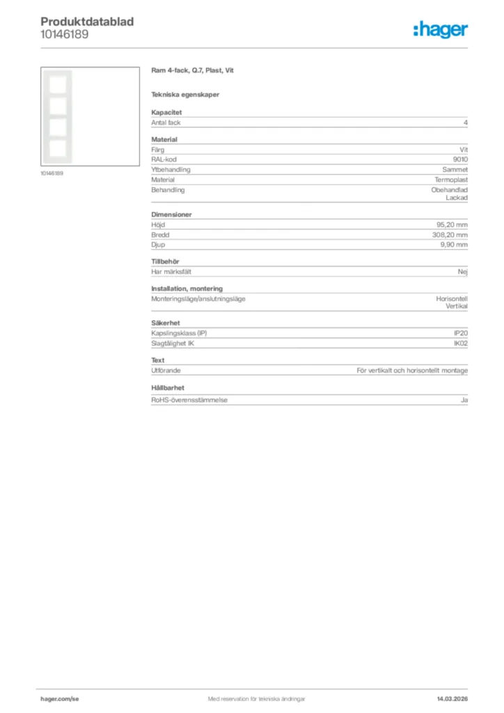 Bild Hager Produktdatablad 10146189 | Hager Sverige