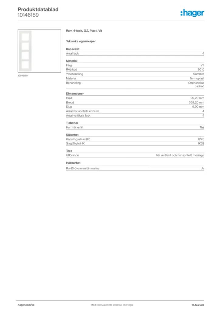 Bild Hager Produktdatablad 10146189 | Hager Sverige