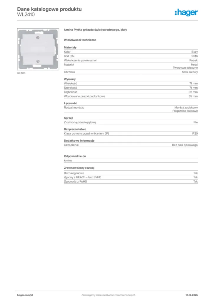 Zdjęcie Hager Karta katalogowa WL2410 | Hager Polska