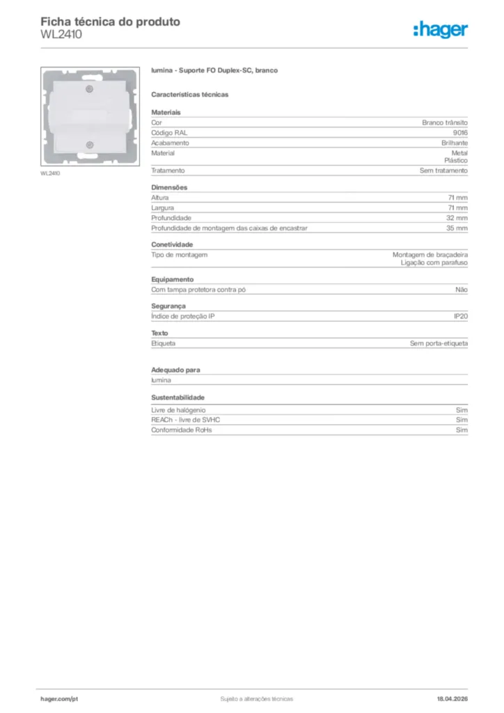 Imagem Hager Ficha técnica do produto WL2410 | Hager Portugal
