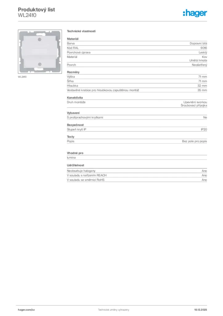 Obrázek Hager Produktový list WL2410 | Hager