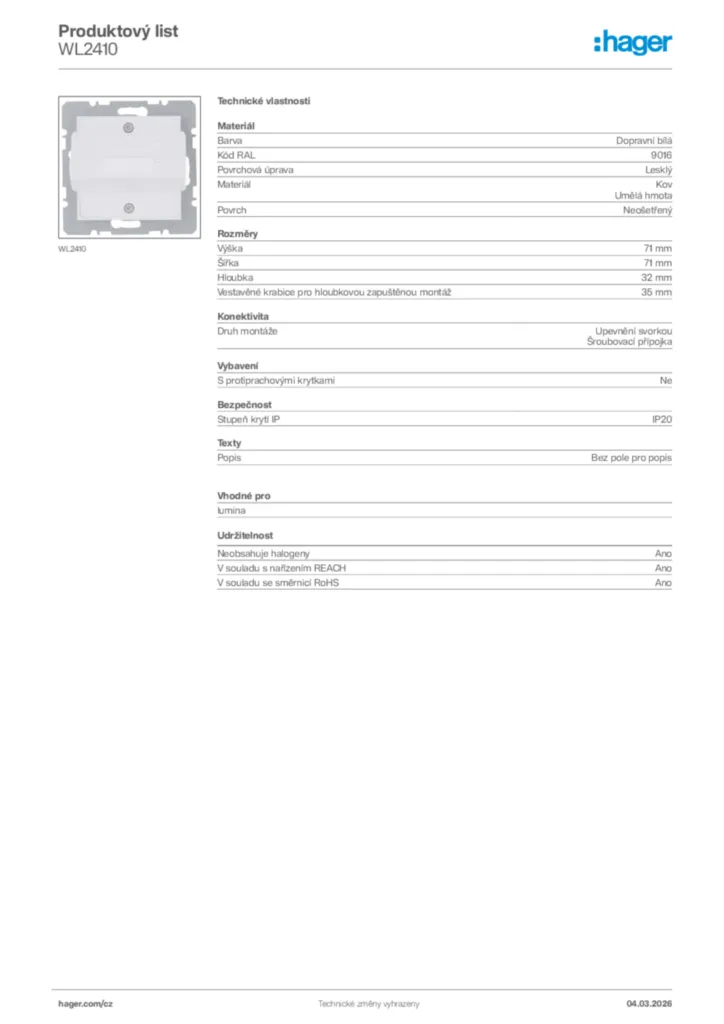 Obrázek Hager Product data sheet WL2410 | Hager