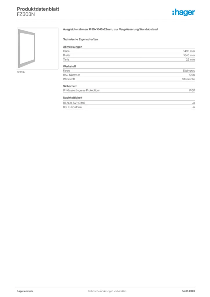 Bild Hager Produktdatenblatt FZ303N | Hager Deutschland