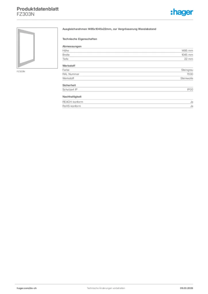 Bild Hager Produktdatenblatt FZ303N | Hager Schweiz