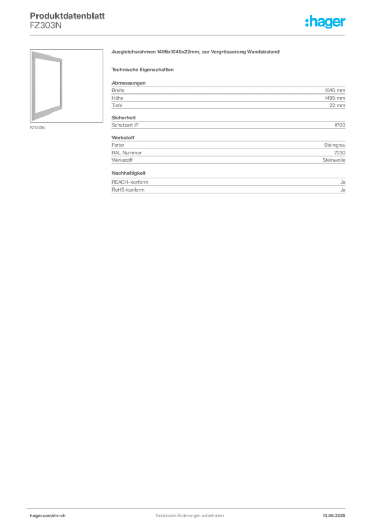 Bild Hager Produktdatenblatt FZ303N | Hager Schweiz