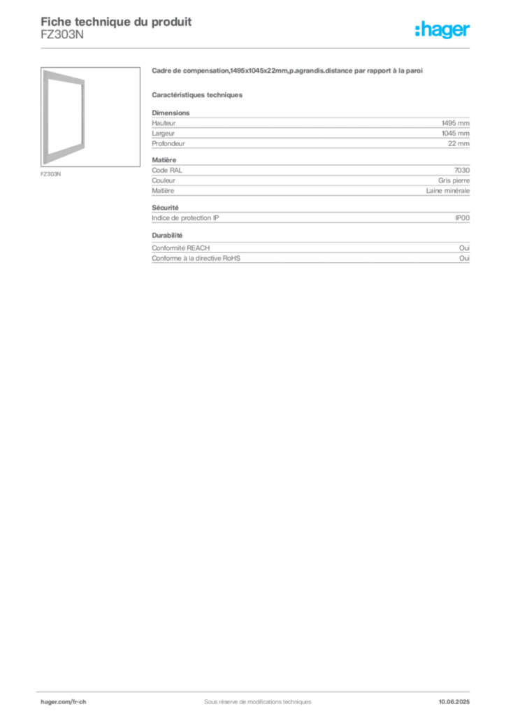 Image Hager Fiche technique du produit FZ303N | Hager Suisse