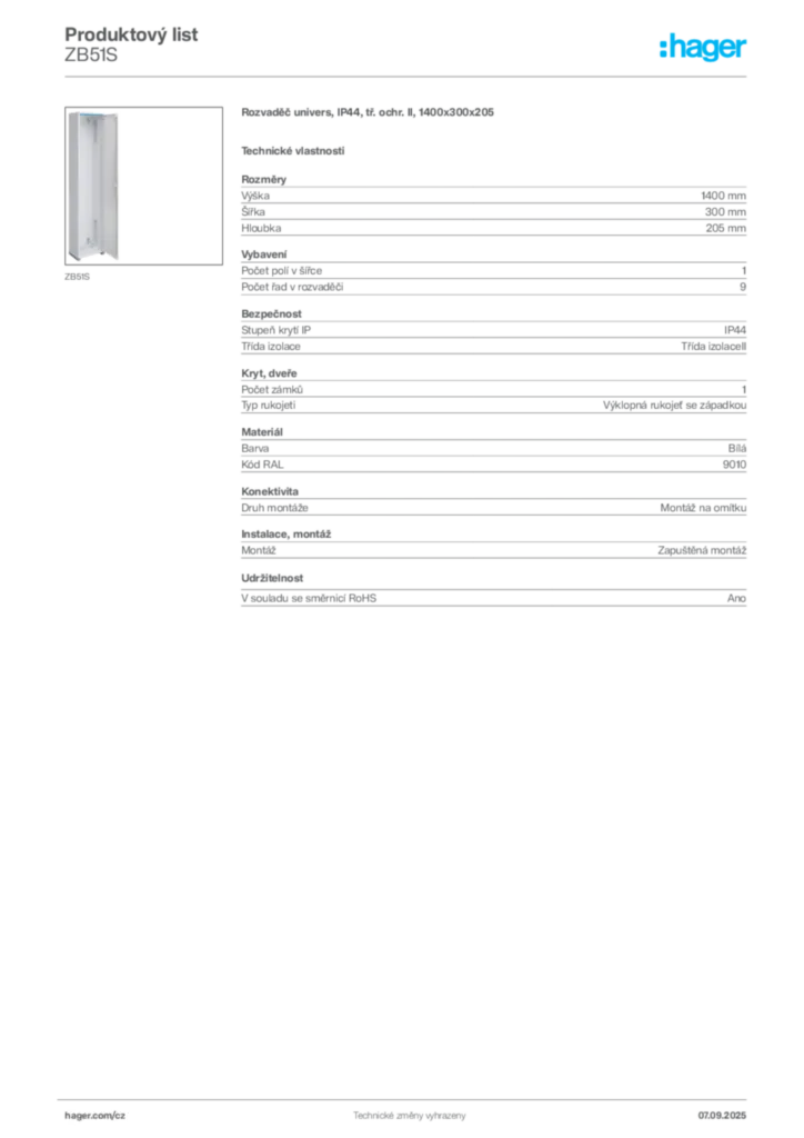 Obrázek Hager Produktový list ZB51S | Hager