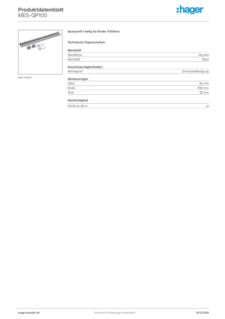 Bild Hager Produktdatenblatt MES-QP100 | Hager Schweiz