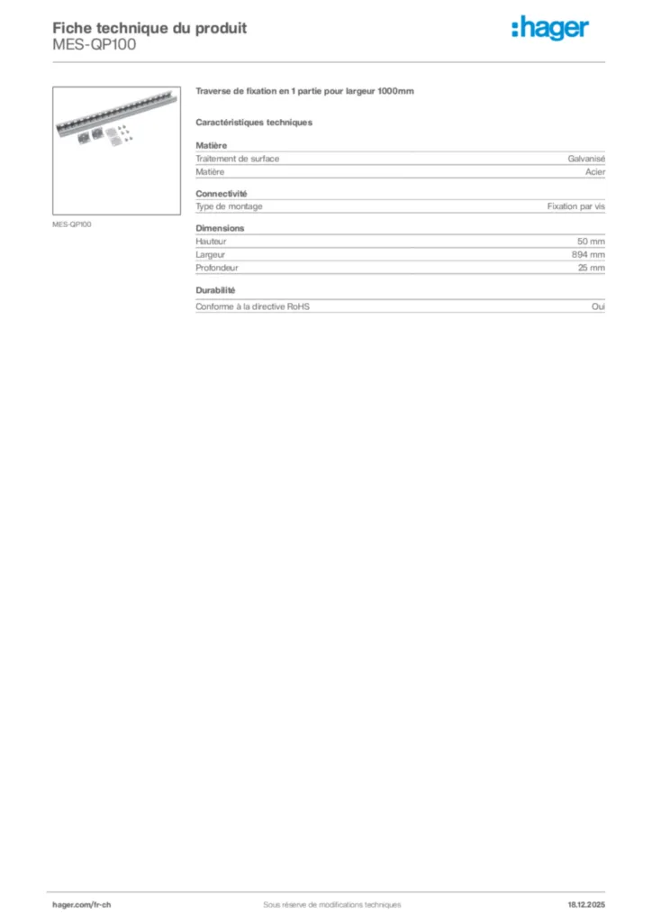 Image Hager Fiche technique du produit MES-QP100 | Hager Suisse