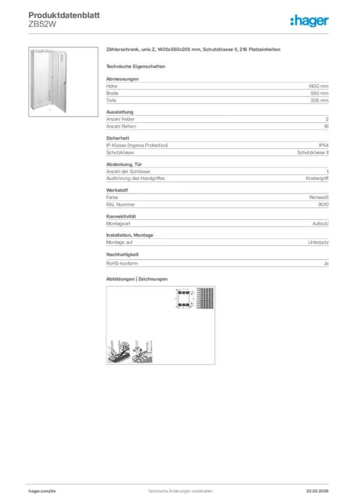 Bild Hager Produktdatenblatt ZB52W | Hager Deutschland