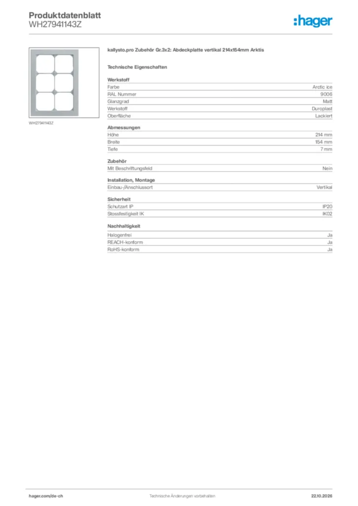 Bild Hager Produktdatenblatt WH27941143Z | Hager Schweiz