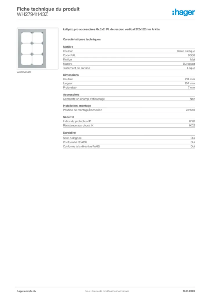 Image Hager Fiche technique du produit WH27941143Z | Hager Suisse