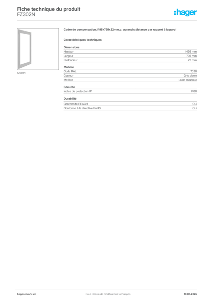 Image Hager Fiche technique du produit FZ302N | Hager Suisse