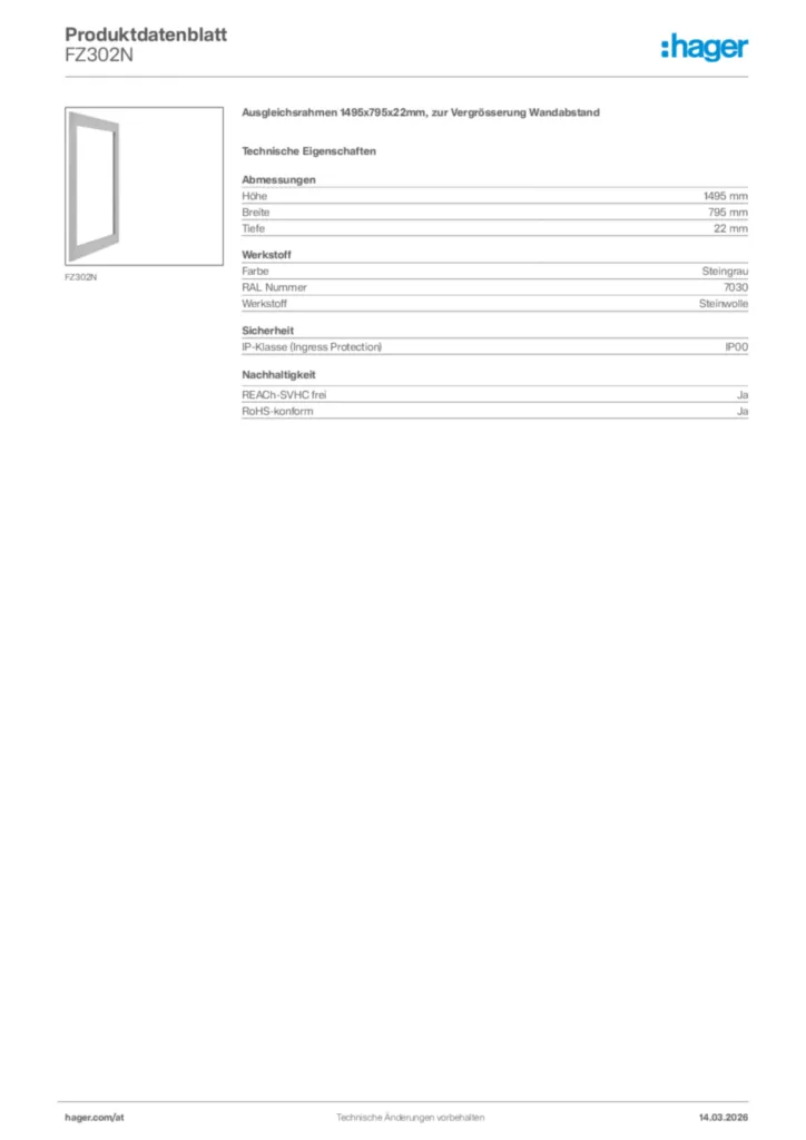 Bild Hager Produktdatenblatt FZ302N | Hager Deutschland
