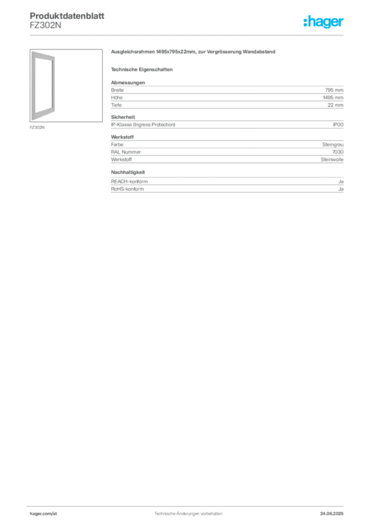 Bild Hager Produktdatenblatt FZ302N | Hager Deutschland