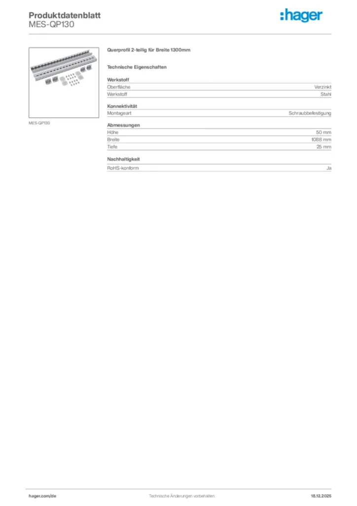 Bild Hager Produktdatenblatt MES-QP130 | Hager Deutschland