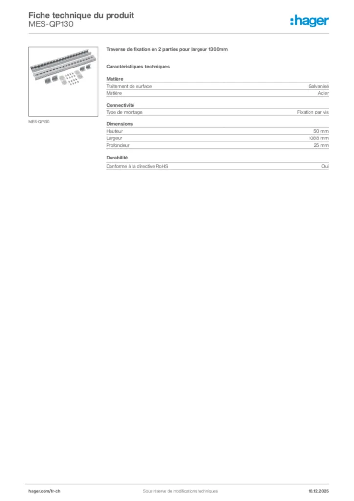 Image Hager Fiche technique du produit MES-QP130 | Hager Suisse