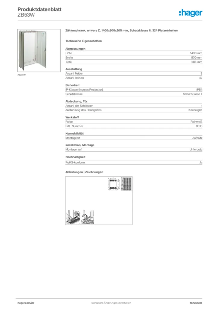 Bild Hager Produktdatenblatt ZB53W | Hager Deutschland