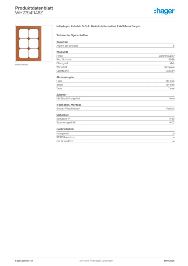 Bild Hager Produktdatenblatt WH27941146Z | Hager Schweiz