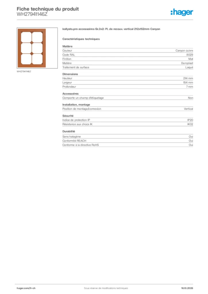 Image Hager Fiche technique du produit WH27941146Z | Hager Suisse