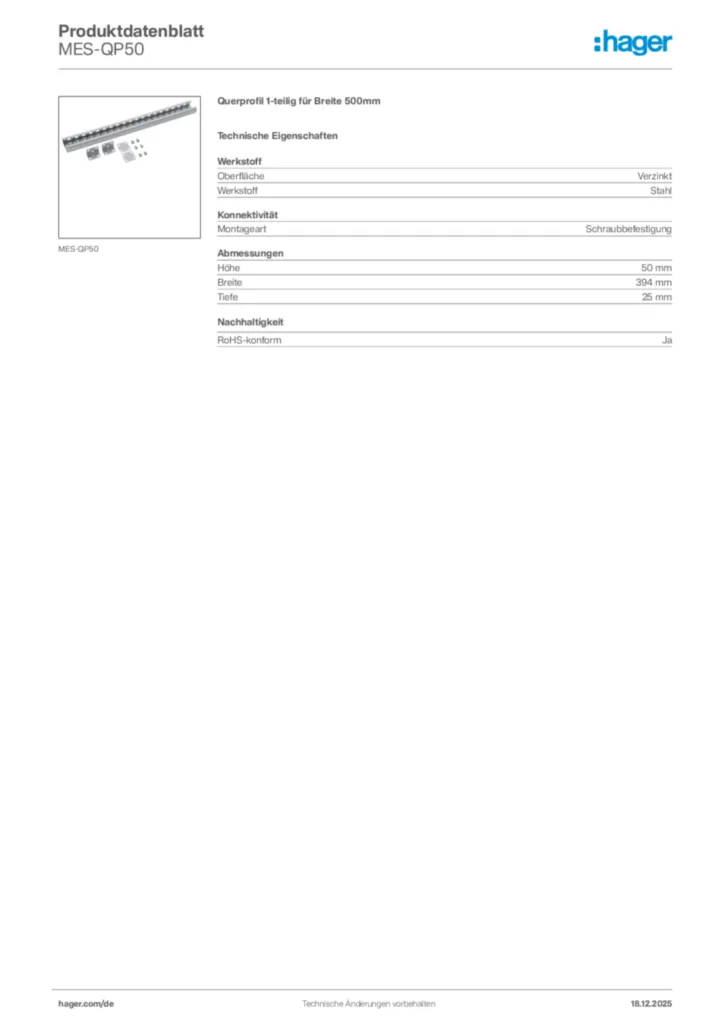Bild Hager Produktdatenblatt MES-QP50 | Hager Deutschland