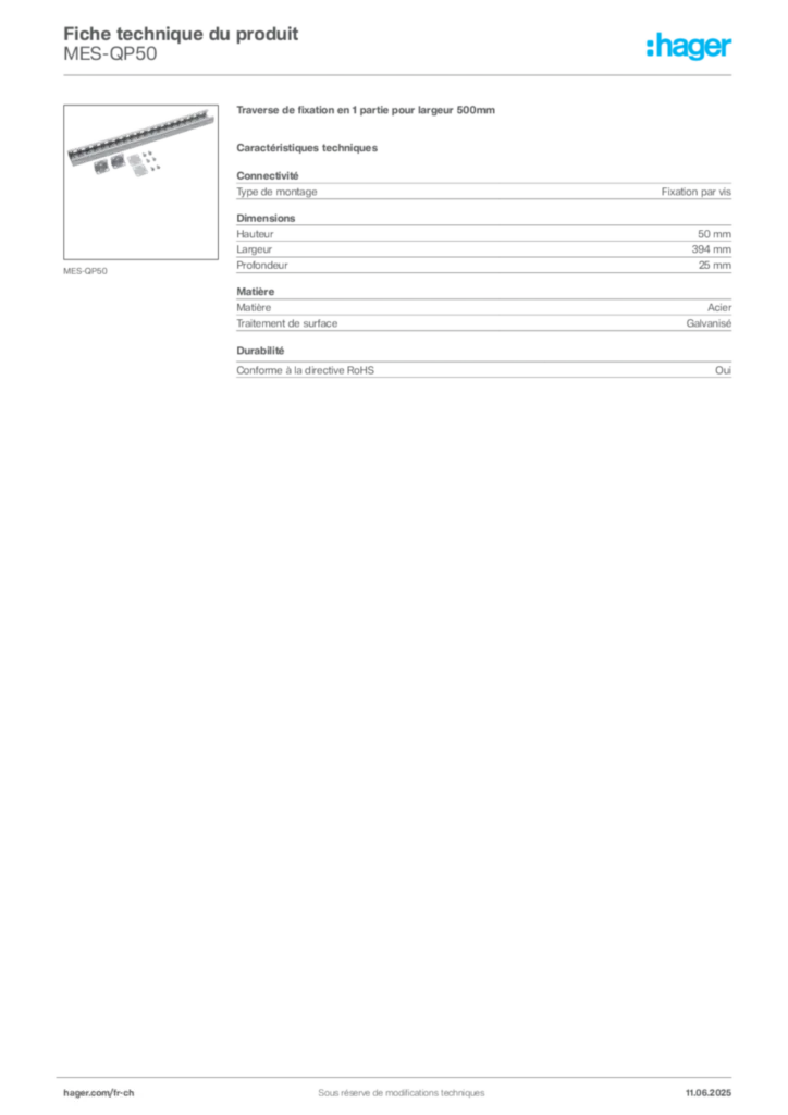 Image Hager Fiche technique du produit MES-QP50 | Hager Suisse