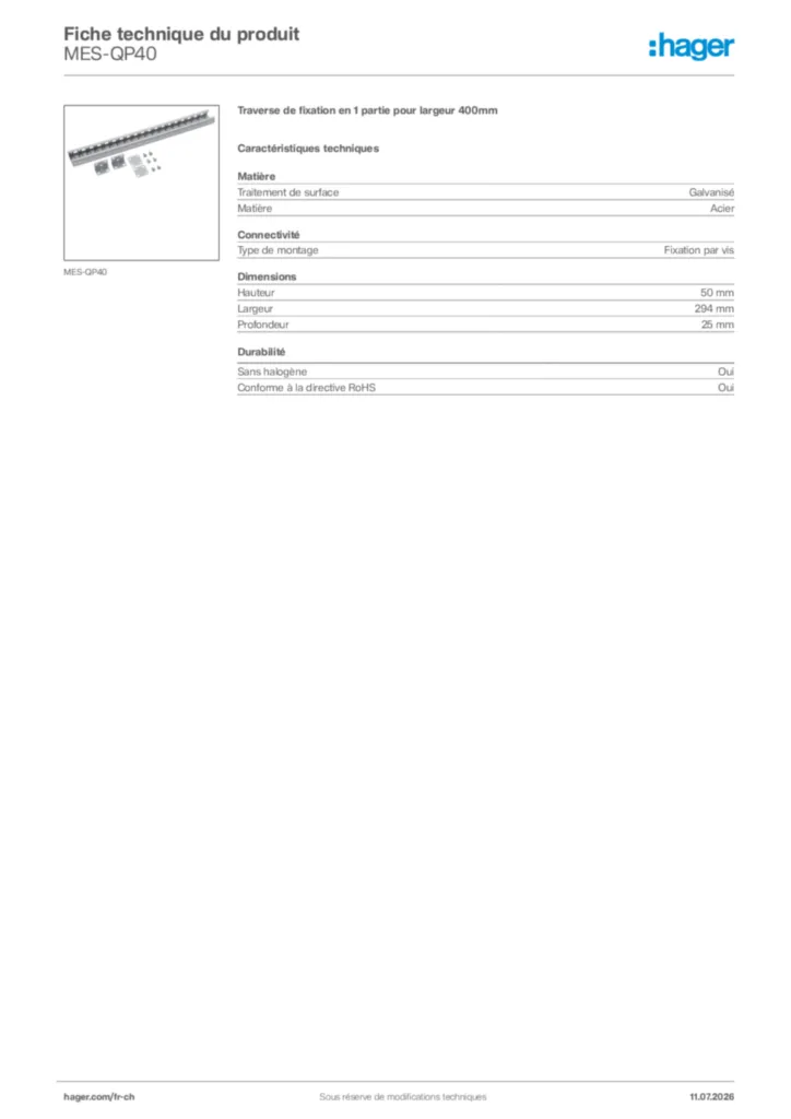 Image Hager Fiche technique du produit MES-QP40 | Hager Suisse