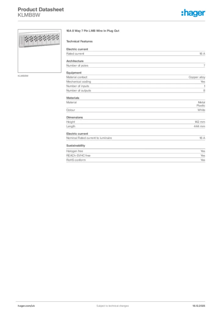 Image Hager Product data sheet KLMB8W  | Hager