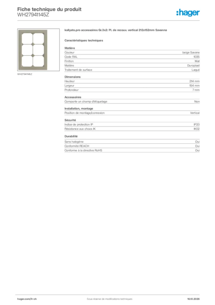 Image Hager Fiche technique du produit WH27941145Z | Hager Suisse