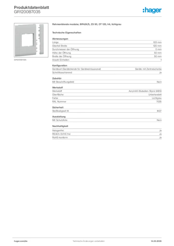 Bild Hager Produktdatenblatt GR1200B7035 | Hager Deutschland