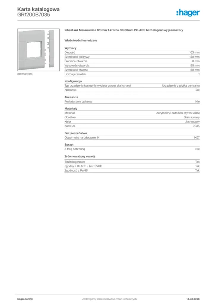 Zdjęcie Hager Karta katalogowa GR1200B7035 | Hager Polska