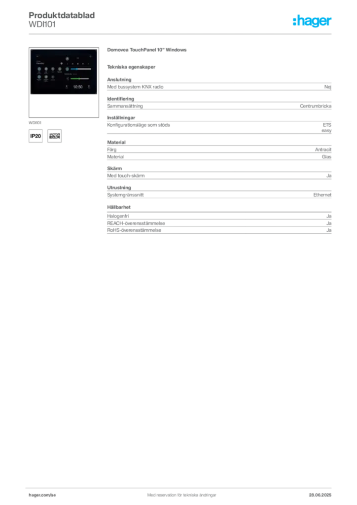 Bild Hager Produktdatablad WDI101 | Hager Sverige