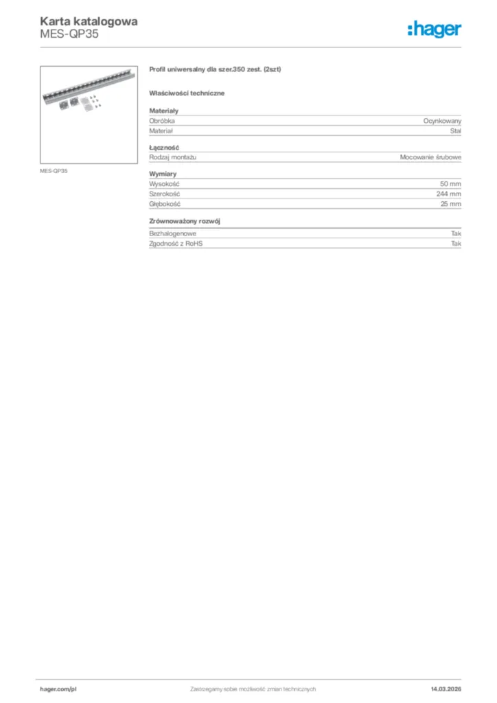 Zdjęcie Hager Karta katalogowa MES-QP35 | Hager Polska