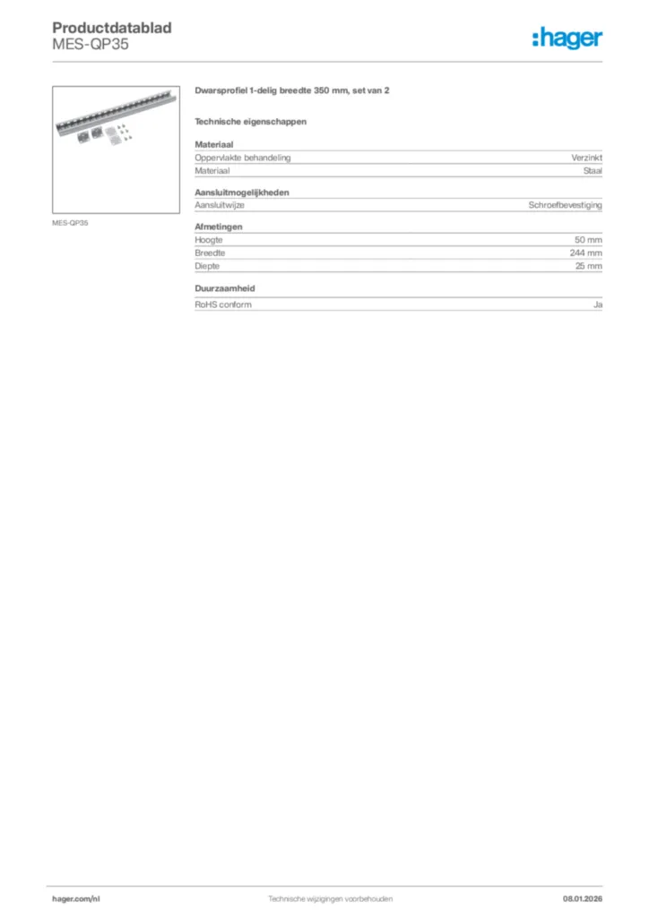 Afbeelding Hager Productdatablad MES-QP35 | Hager Nederland