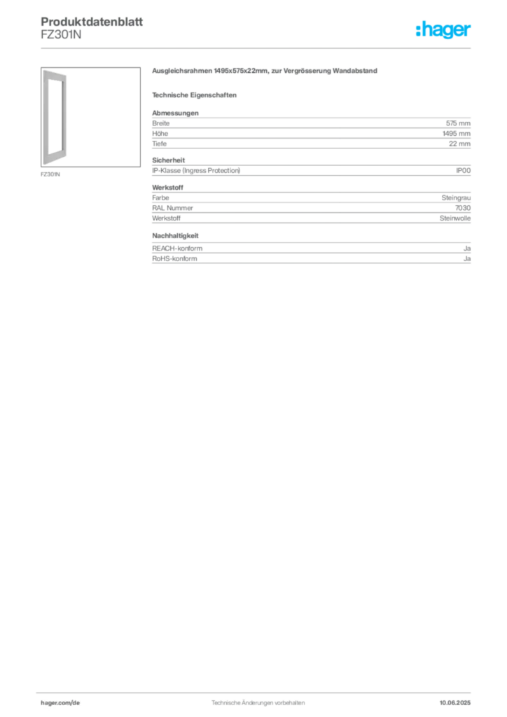Bild Hager Produktdatenblatt FZ301N | Hager Deutschland