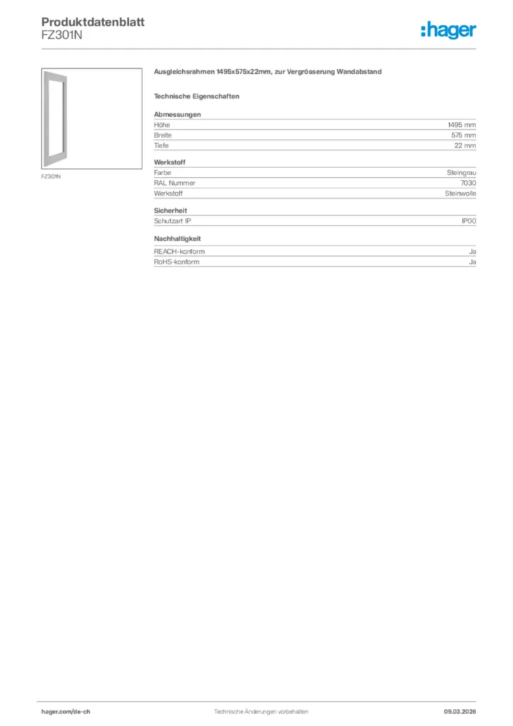 Bild Hager Produktdatenblatt FZ301N | Hager Schweiz