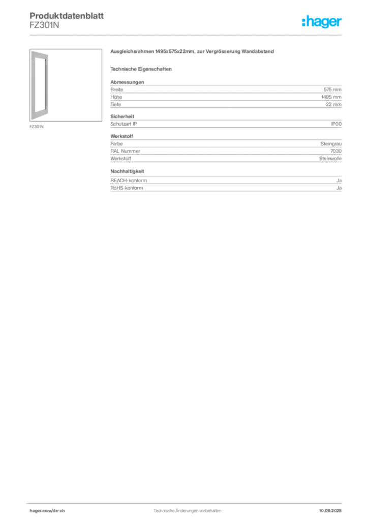 Bild Hager Produktdatenblatt FZ301N | Hager Schweiz