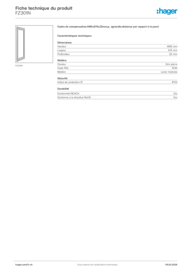 Image Hager Fiche technique du produit FZ301N | Hager Suisse