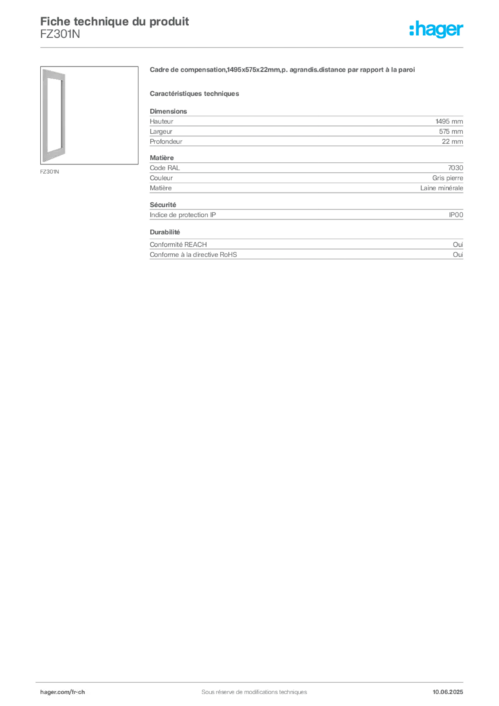 Image Hager Fiche technique du produit FZ301N | Hager Suisse