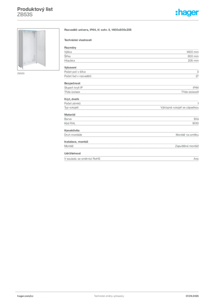 Obrázek Hager Produktový list ZB53S | Hager
