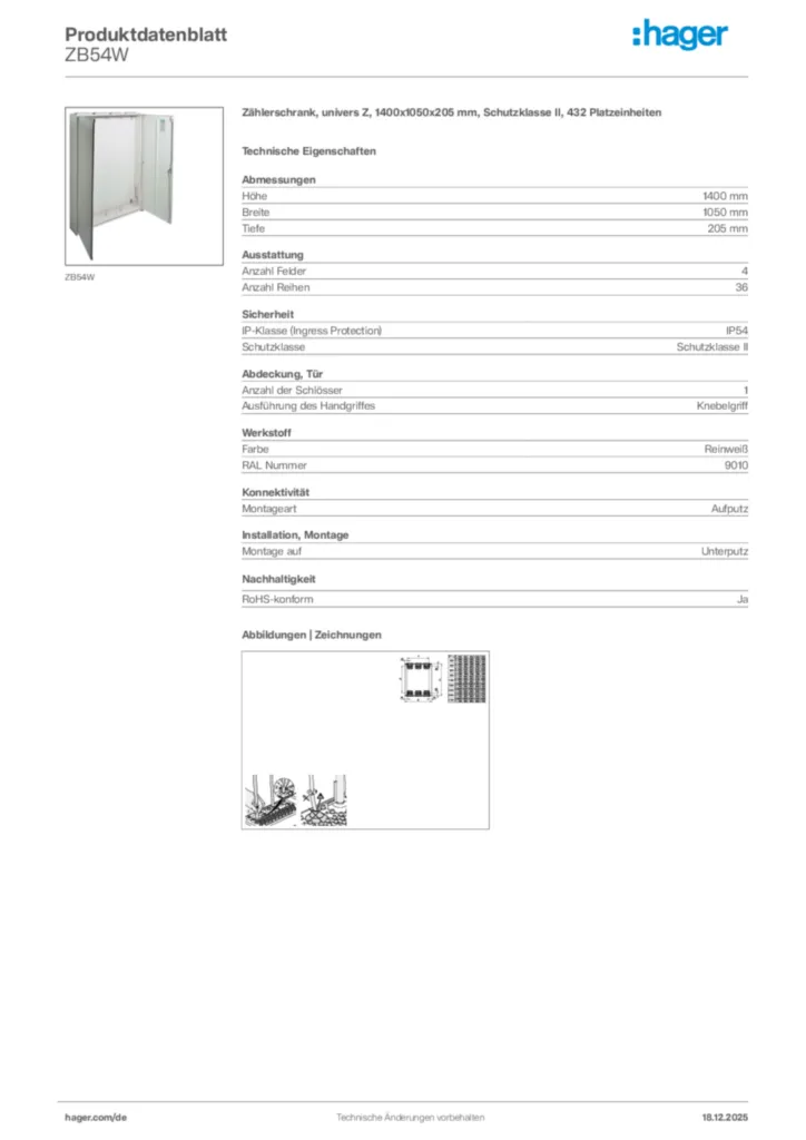 Bild Hager Produktdatenblatt ZB54W | Hager Deutschland