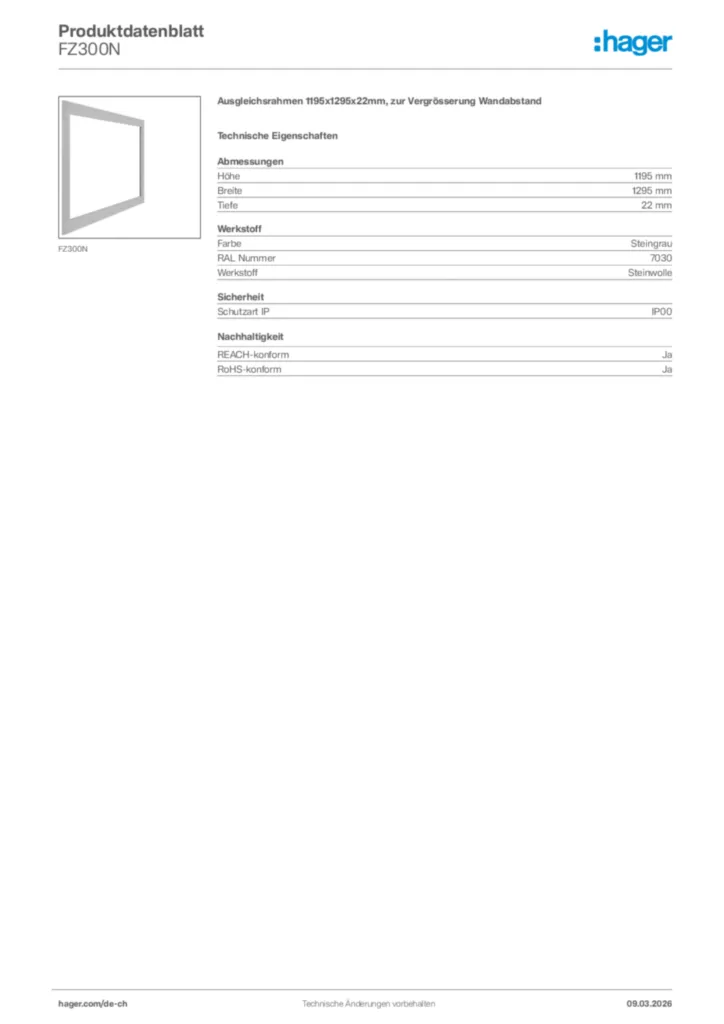 Bild Hager Produktdatenblatt FZ300N | Hager Schweiz