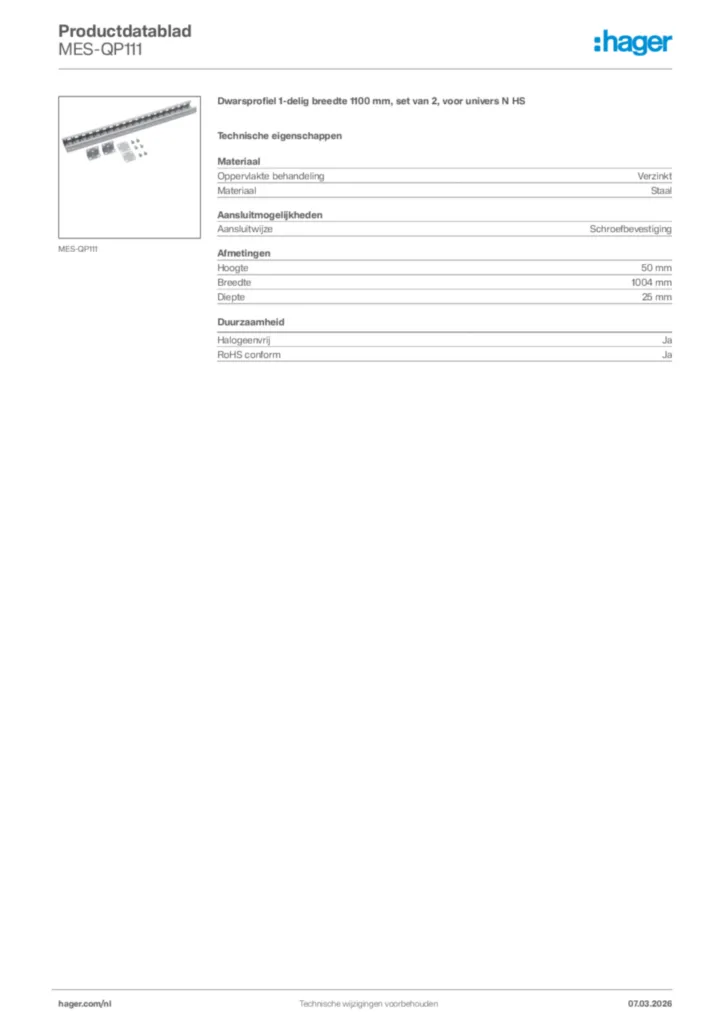 Afbeelding Hager Productdatablad MES-QP111 | Hager Nederland