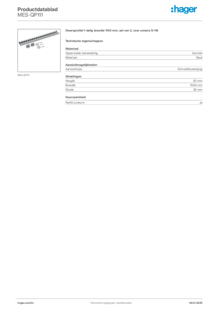 Afbeelding Hager Productdatablad MES-QP111 | Hager Nederland